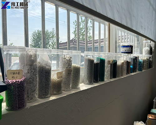display of finished products from the industrial plastic recycling line