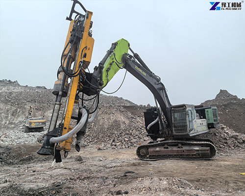 excavator mounted rock drill splitter working